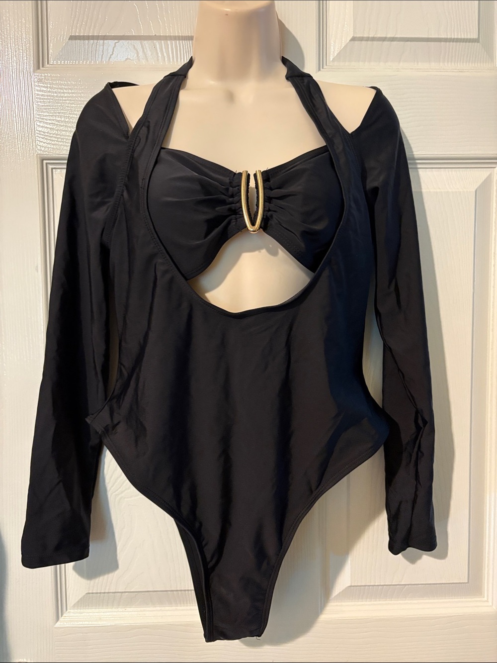 NWOT Black One-Piece Swimsuit with Gold Ring Detail